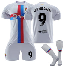 Load image into Gallery viewer, Lewandowski Barcelona Soccer Uniform for kid’s gray 22/23
